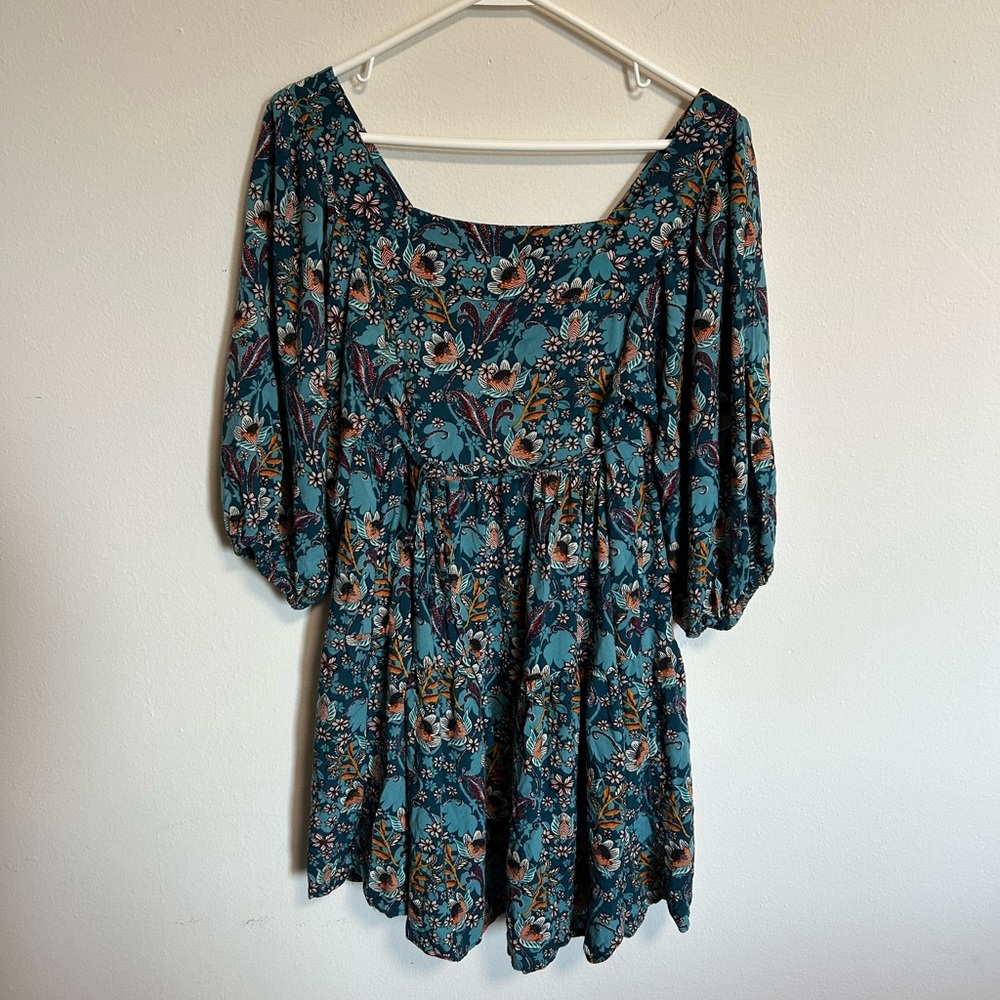 Maurices Blue Brown Mini Sundress with Bishop Sleeves Square Neckline Sz XS EUC